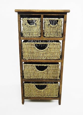 Topfurnishing Chest Of 5 Drawers Wooden Seagrass Storage Unit