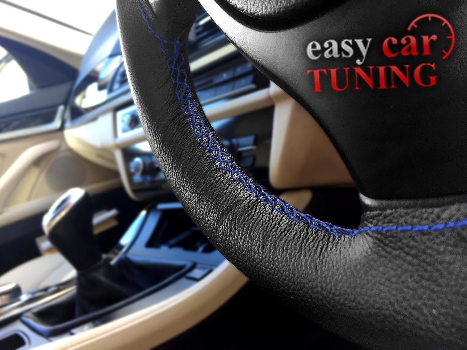 BLACK REAL GENUINE LEATHER STEERING WHEEL COVER BLUE STITCHES Steering