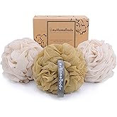 myHomeBody Large 70g Loofah Sponge, Body Scrubber, Bath Sponge, Loofah for Women, Men, Exfoliating Sponge Shower Pouf with Activated Charcoal - 2 Oat Milk + 1 Caramel, 3 Pack