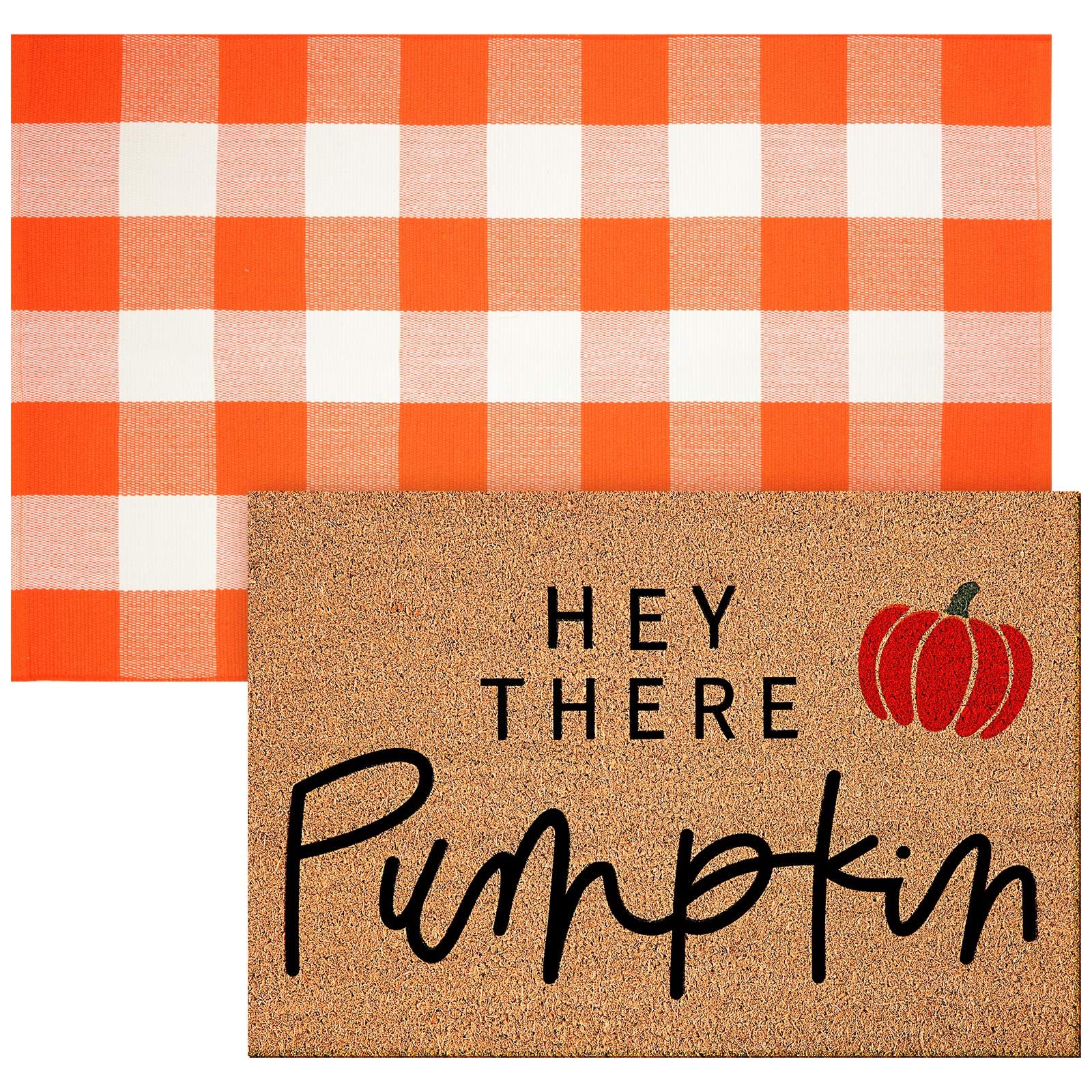Photo 1 of 2 Pcs Fall Coir Doormat Outdoor Hey There Pumpkin Welcome Outdoor Mat Thanksgiving Front Proch Rugs Layered Buffalo Plaid Mats for Autumn Front Porch Entryway Decor
