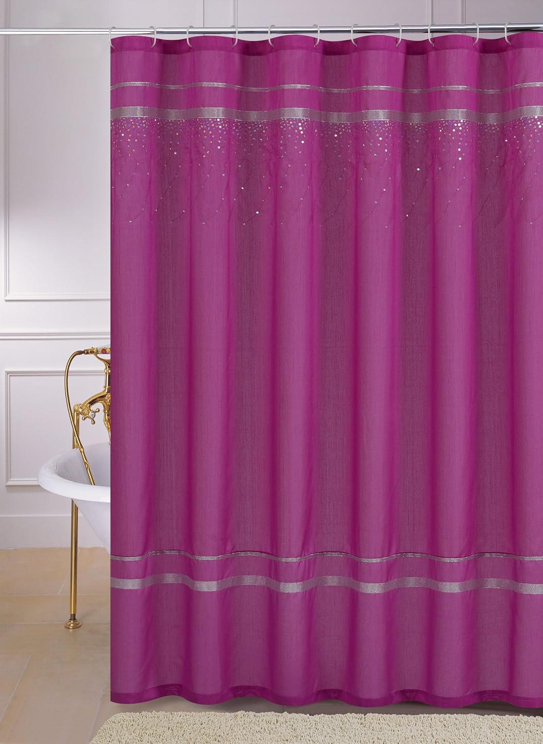 Amazon Com Glen Faux Silk Fabric Shower Curtain With Silver