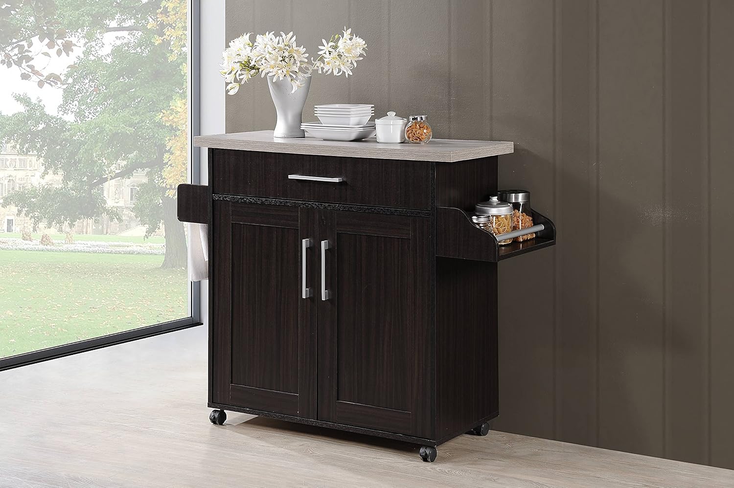 Hodedah Kitchen Island with Spice Rack, Towel Rack & Drawer, Chocolate with Grey Top: Furniture & Decor