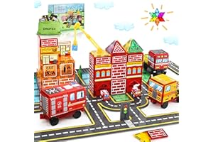 Drofex Magnetic Tiles Road Set with Fire Truck and Magnetic Crane, Creative Construction Toys for Kids Ages 3-12, Boys & Girls, Fire Rescue Station and Engineering Themed Magnetic Building Blocks