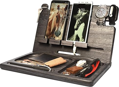 Amazon Com Barva Wood Docking Station Tray Two Cell Phone Smartwatch Holder Men Charging Accessory Nightstand Father Mobile Gadget Organizer Tablet Storage Dresser Anniversary Birthday Graduation Gift