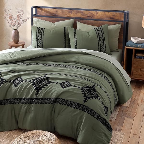 MAIRÊVE EMBROIDERY COMFORTER SET, BOHO FARMHOUSE WESTERN BEDDING SET, ALL SEASON BED IN A BAG COMFORTER SET WITH SHEETS, PILLOWCASES & SHAMS, OLIVE GREEN QUEEN 7 PIECES
