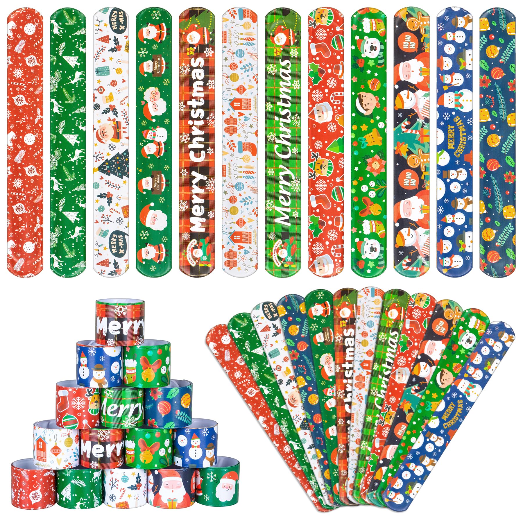RICEDUO 36 Pieces Christmas Slap Bracelets for Kids, 12 Styles Colorful Christmas Slap Wristbands Bulk for Kids Christmas Party Favors Toys Prizes Goodie Bags Fillers