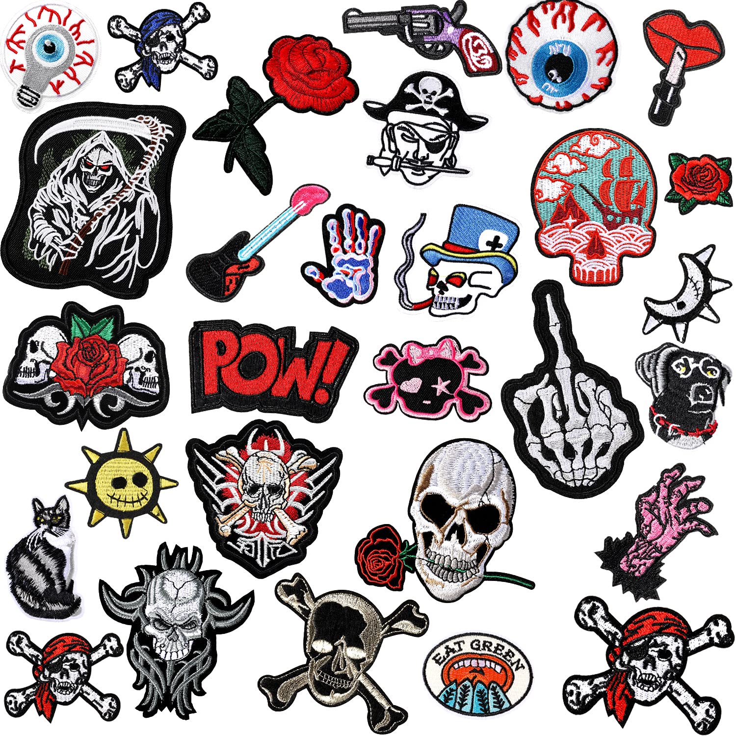 30 Pieces Rock Punk Band Patch or Alien Patches Punk Iron-on Patches Assorted Punk Embroidered Iron-on Patches Skull Eye Ball Pattern for Halloween Jackets Hat Clothing Bags