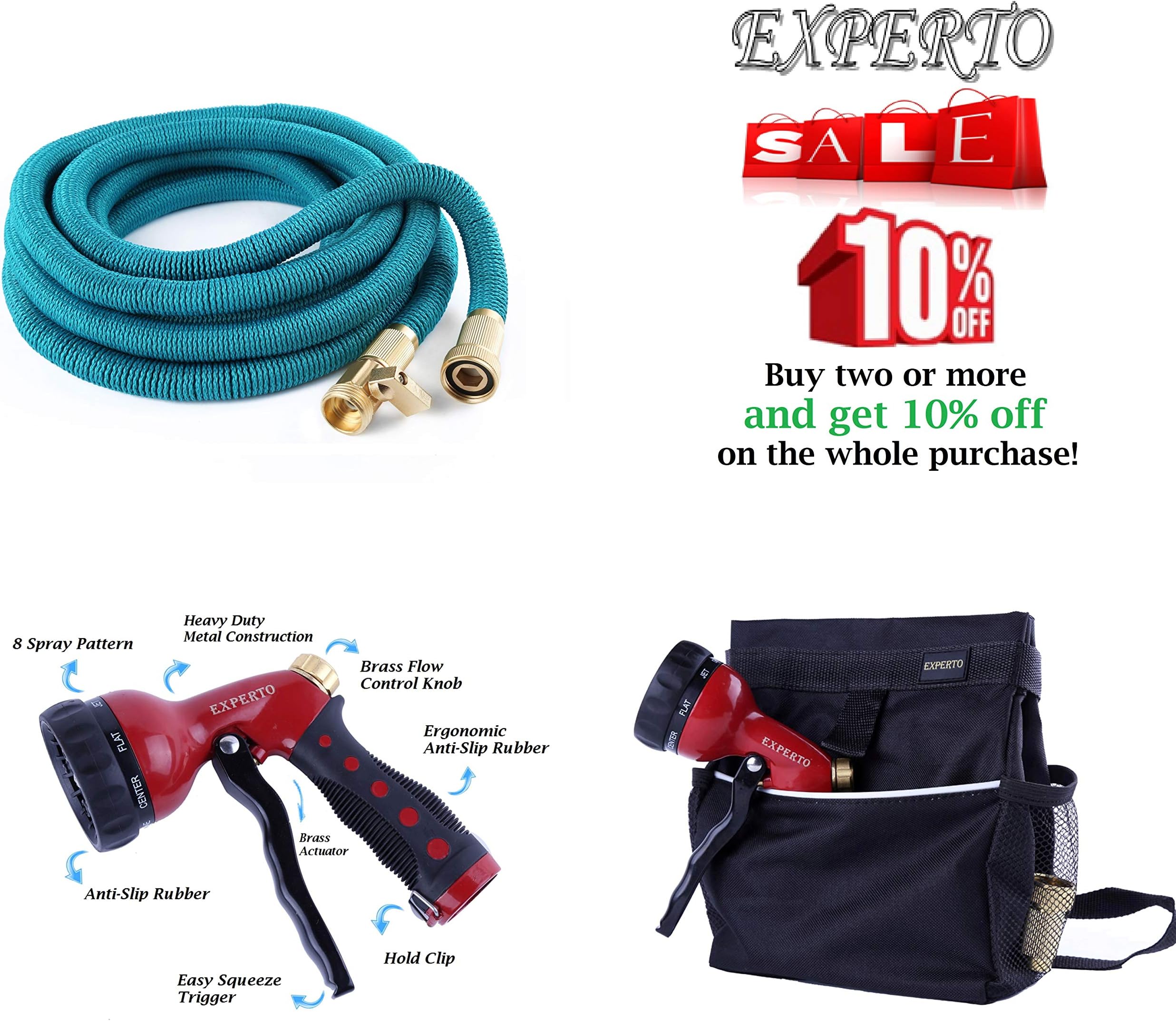 eXperto (50ft, Blue) Expandable Garden Hose 3 in 1 KIT - Expanding Hose + Heavy Duty 8 Pattern Metal Watering Nozzle Spray Front Trigger + Hose Storage Bag