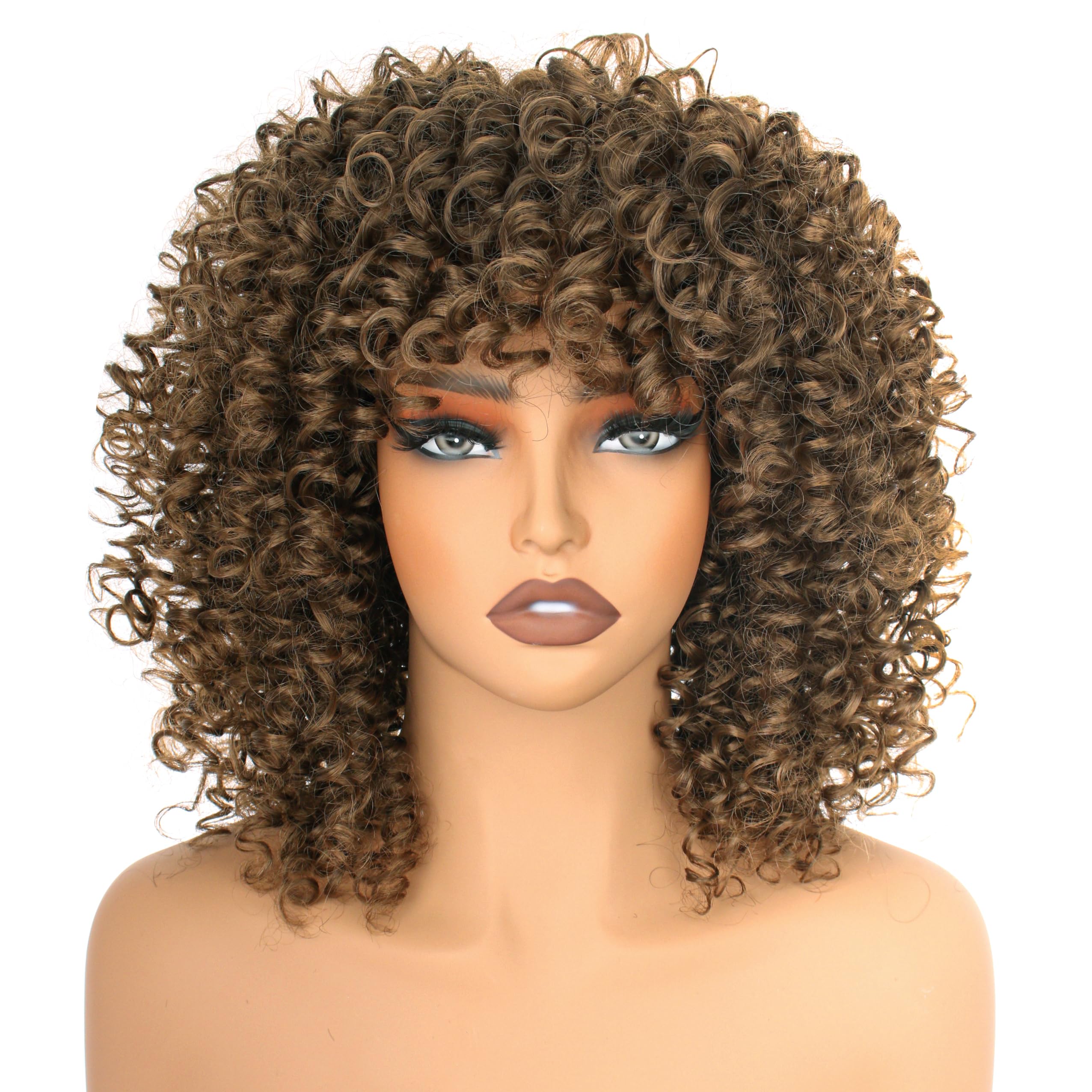 PORSMEER Short Kinky Curly Afro Wigs with Fringe Natural Looking Premium Synthetic Heat Resistant Hair Brown Wig for Black Women Ladies UK Cosplay and Daily,14 Inch — image 1