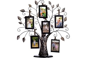 Klikel Family Tree Picture Frame Stand with 6 Hanging Photo Picture Frames - Medium Metal Tree 12 X 11 - Holds 6 Ornamental 2x3 Frames