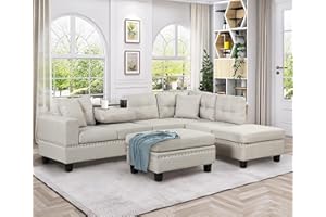 P PURLOVE Sectional Sofa with Reversible Chaise and 2 Pillows, Linen L-Shaped Sofa with Storage Ottoman and Cup Holders, Sectional Couche Living Room Furniture Sets (Light Gray)