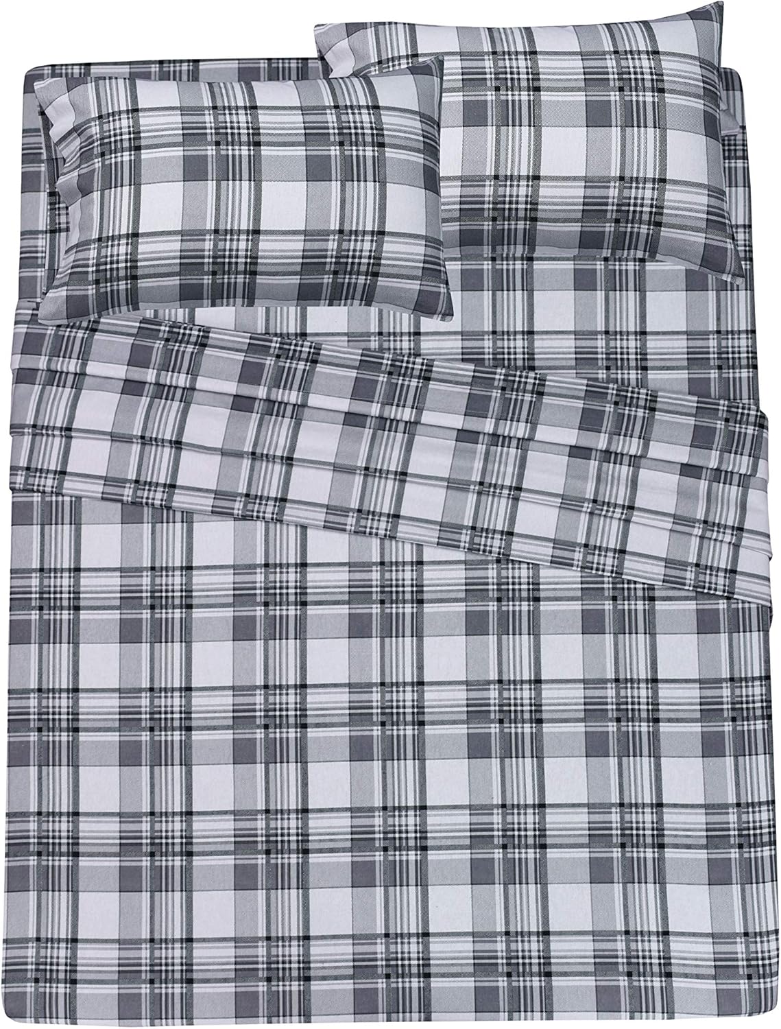 Ruvanti 100% Cotton 4 Piece Flannel Sheets Queen Balance Plaid Grey Deep Pocket-Warm-Super Soft - Breathable Moisture Wicking Flannel Bed Sheet Set Queen Include Flat Sheet, Fitted Sheet 2 Pillowcases: Home & Kitchen