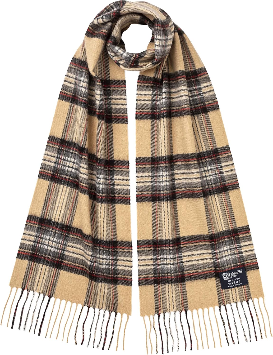 Johnstons of Elgin Unisex Cashmere Scarf Camel Stewart Tartan One Size
