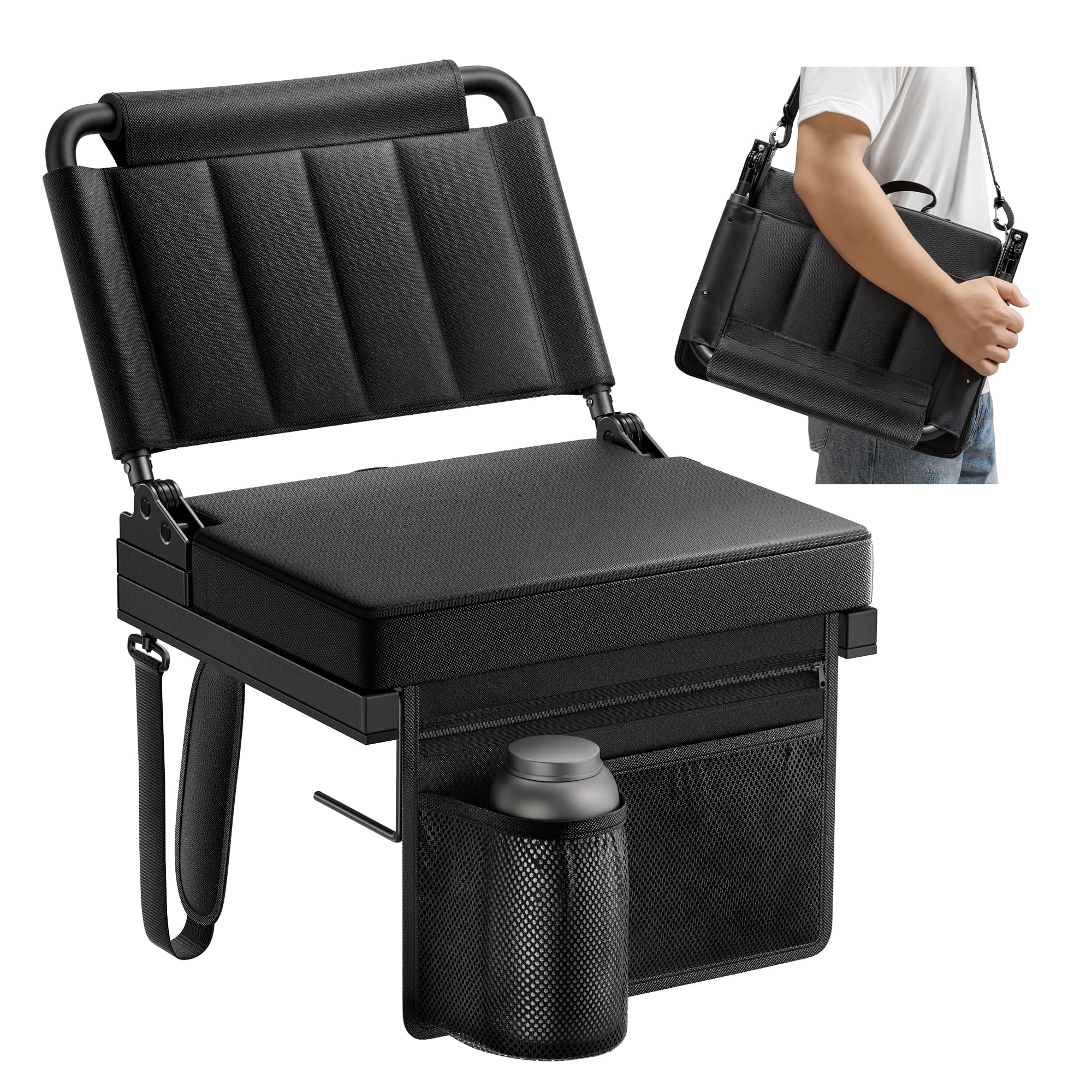 Photo 1 of Stadium Seats with Back Support for Bleachers, Portable 5-Angles and Adjustable Height Thick Cushion Seat with Cup Holder Storage Bag, Includes Shoulder Strap, Used for Sports Events and Concerts