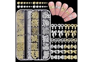 UOTEY 2 Boxes Gold Bows Nail Art Studs, Metal Bows Bowknots, Sparkle Silver Micro Caviar Nail Beads Gems