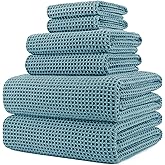 POLYTE 430 GSM Microfiber Quick Dry Lint Free Oversize Bath Towel Set, 6 Piece (Waffle Weave)