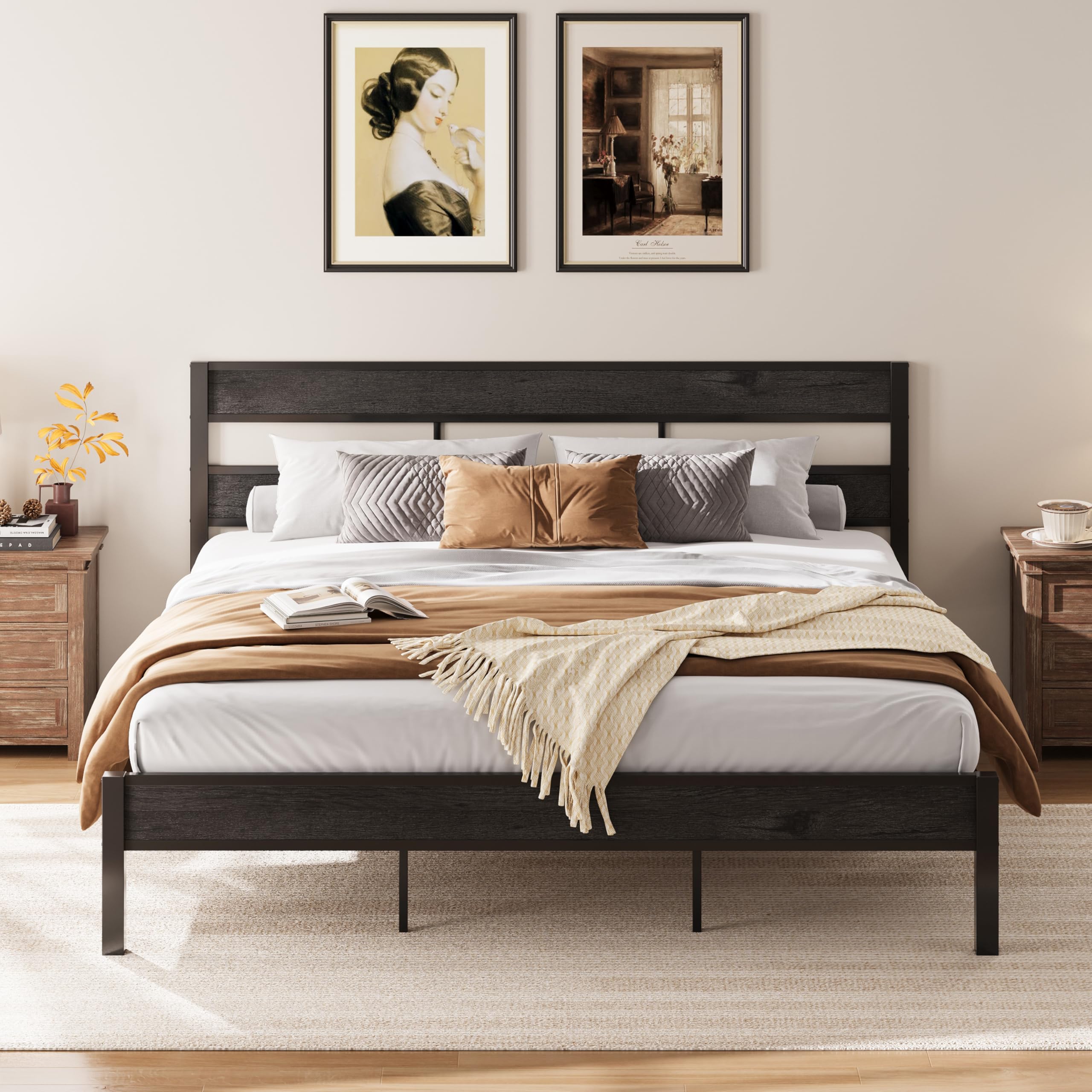 LIKIMIO King Bed Frame, with Headboard, Easy Assembly, Noise-Free, No Box Spring Needed, Heavy Strong Metal Support Frames, Charcoal Grey Image LIKIMIO King Bed Frame, with Headboard, Easy Assembly, Noise-Free, No Box Spring Needed, Heavy Strong Metal Support Frames, Charcoal Grey Image