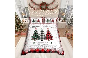 Manfei Xmas Tree Duvet Cover Set Queen Size, Merry Christmas Comforter Cover with 2 Pillowcases, New Year Theme Plaid Print Bedding Set 3pcs for Kids Boys Girls Bedroom Decor,No Comforter
