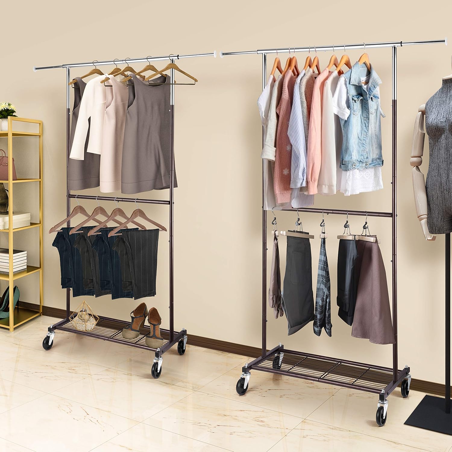 Simple Trending Standard Clothing Garment Rack, Rolling Clothes Organizer with Wheels and Bottom Shelves, Extendable, Bronze: Home & Kitchen