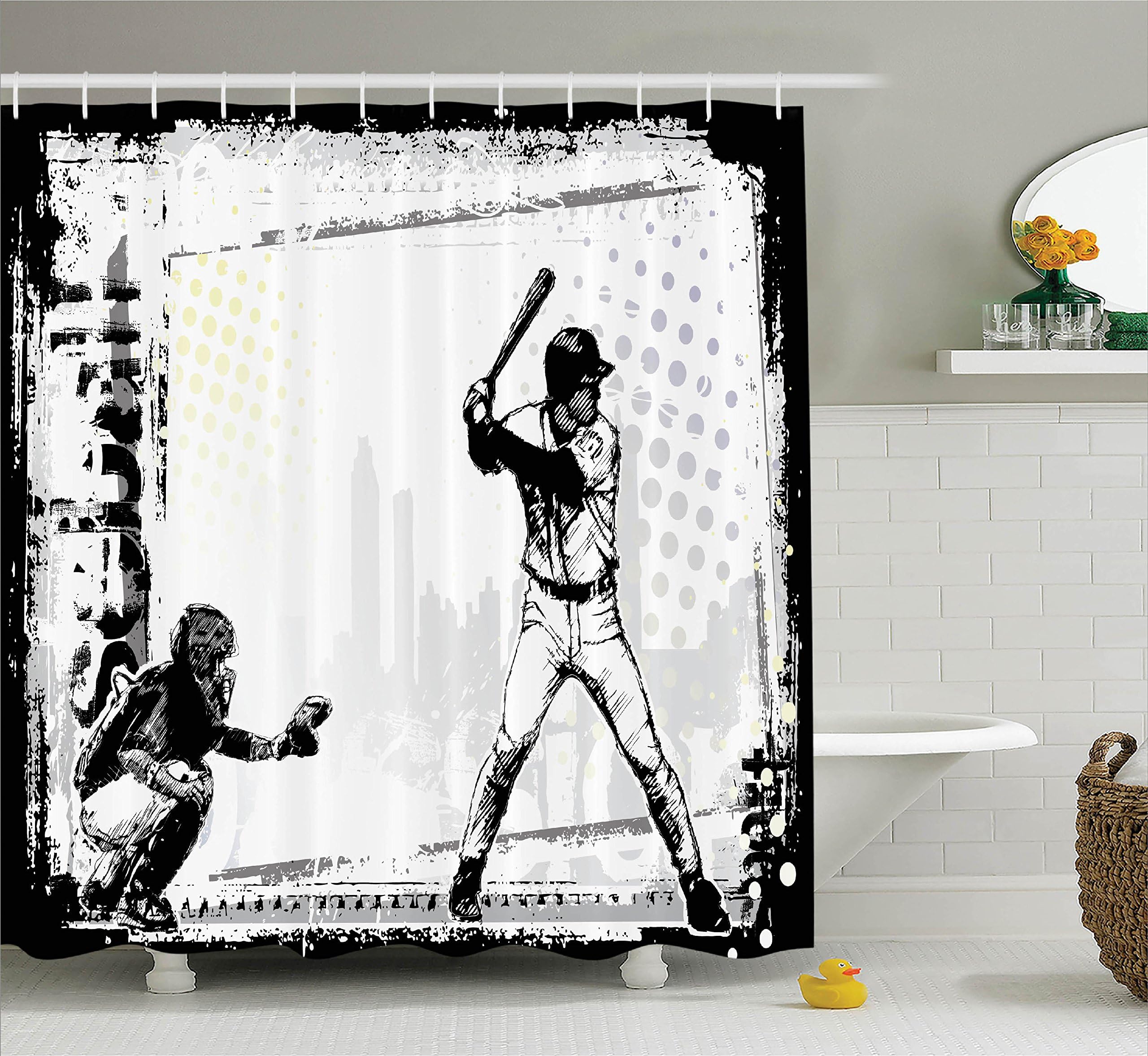 Ambesonne Sports Shower Curtain, Baseball Themed American Sport Team Rustic Design Silhouette Illustration Print, Cloth Fabric Bathroom Decor Set with Hooks, 69" W x 70" L, White Black