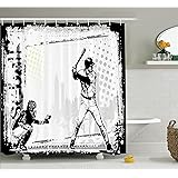 Ambesonne Sports Shower Curtain, Baseball Themed American Sport Team Rustic Design Silhouette Illustration Print, Cloth Fabric Bathroom Decor Set with Hooks, 69" W x 70" L, White Black