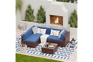 UDPATIO Patio Furniture Sets, Modular Rattan Outdoor Patio Sectional Furniture Sofa Set, Wicker Patio Conversation Set for Backyard, Deck, Poolside w/Glass Coffee Table, 5 PC Navy (Include Sofa Cover)