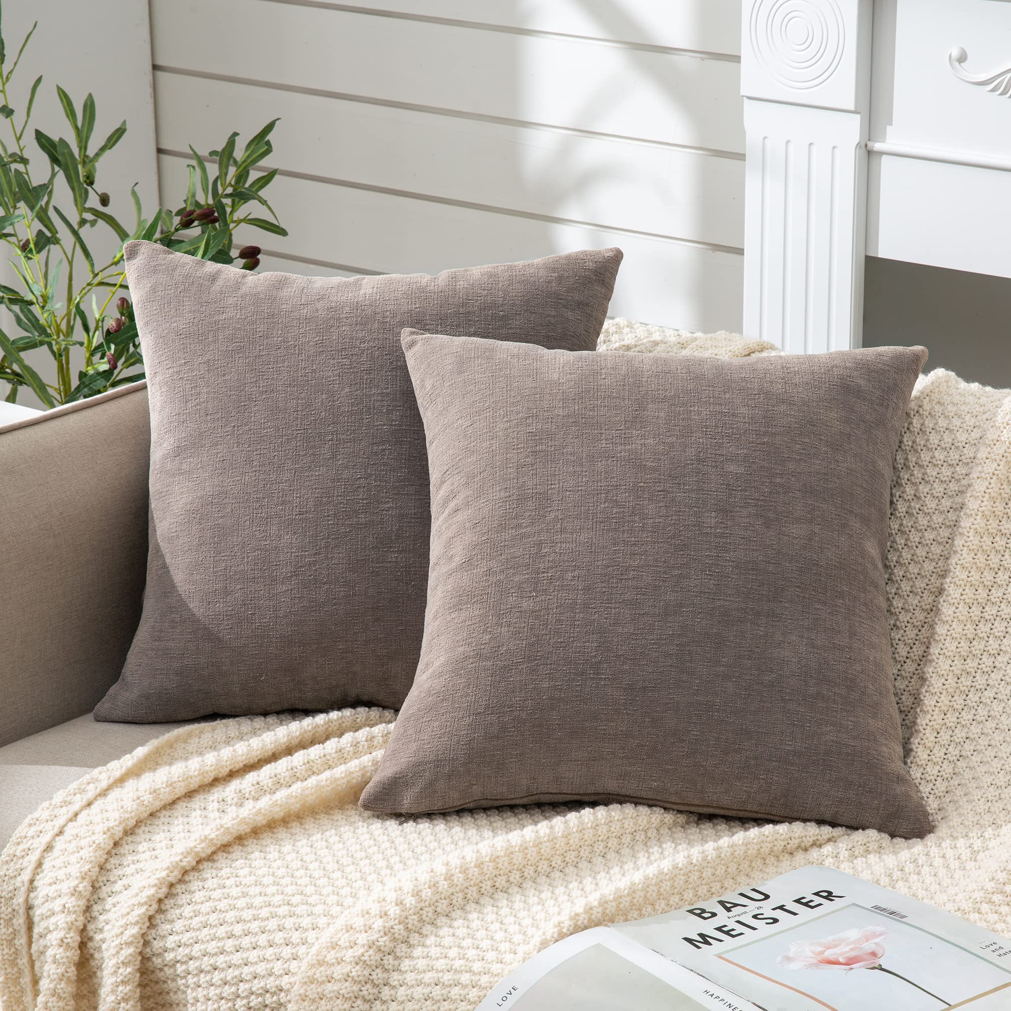 Photo 1 of GAWAMAY Decorative Square Throw Pillow Covers 18"x18" Inch Set of 2, Super Soft Chenille Pillows Farmhouse Fall Pillowcase for Living Room Bedroom Sofa Couch Cushion Cover Taupe Grey 45x45cm