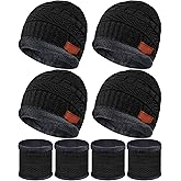 Syhood 4 Sets Kids Winter Hat and Scarf Set Warm Fleece Lining Beanie Hats Knitted Cap Scarf for 5-14 Years Boys Girls