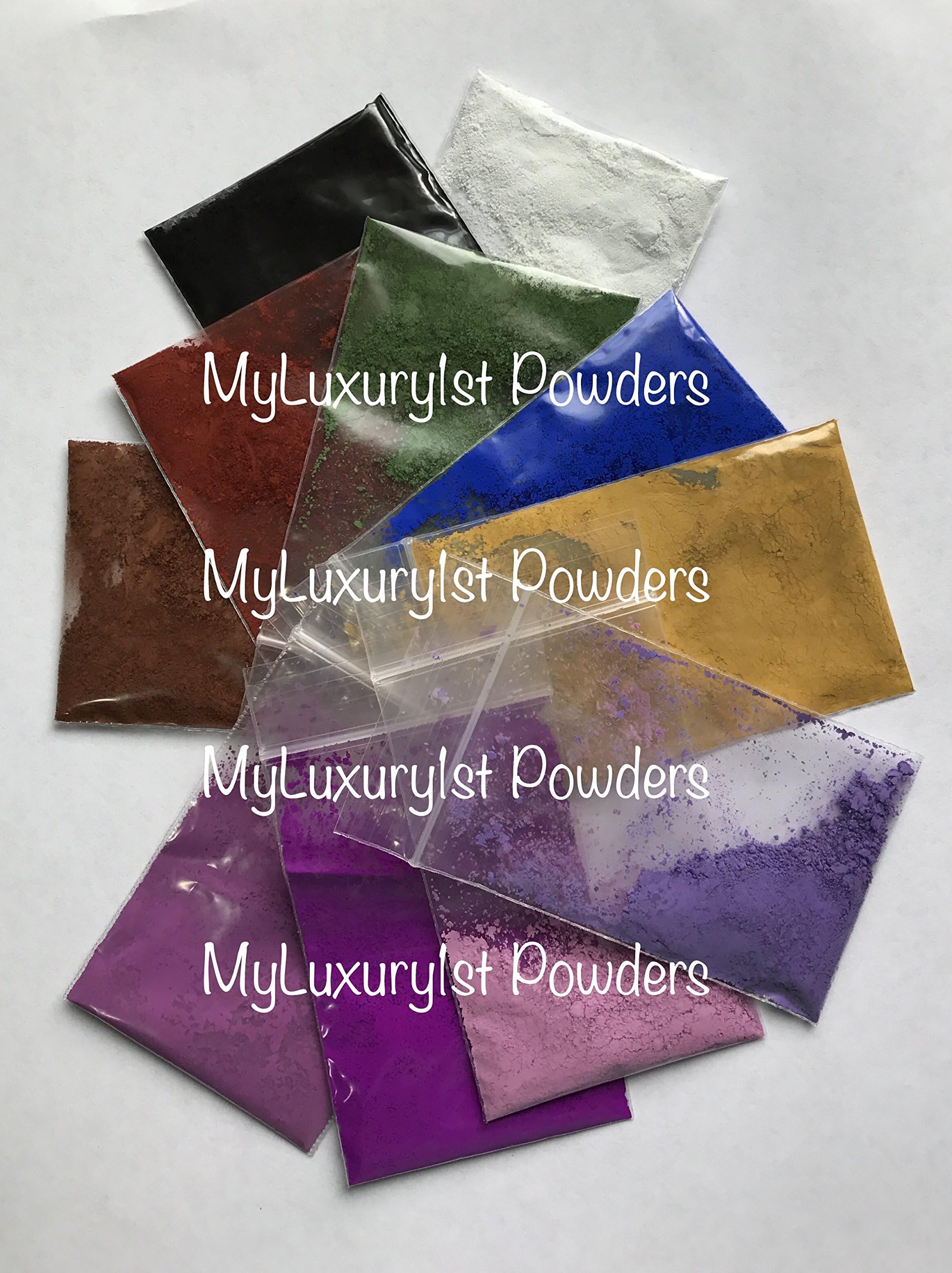 (Lot of 11) 1.5 grams Gram in BAGGIES SAMPLE MATTE CP MP HP DIY Soap Making Pigment Titanium Dioxide Oxide BLUE BLACK BROWN RED YELLOW WHITE GREEN LAVENDER VIOLET Ultramarine Powder