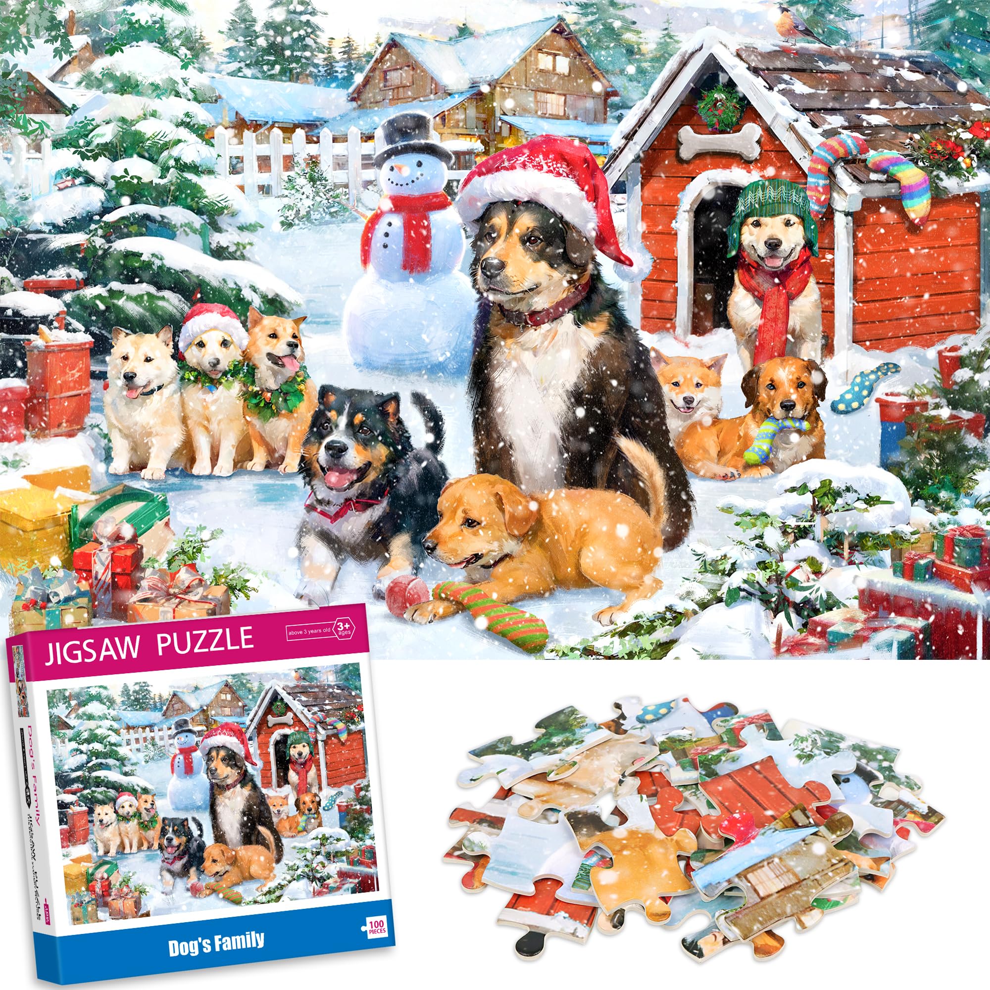 Photo 1 of 100 Piece Puzzles for Ages 4-8, Dogs Family Christmas Jigsaw Puzzle, Learning Educational Puzzle Toys for Girls and Boys, Xmas Gifts for Kids and Senior