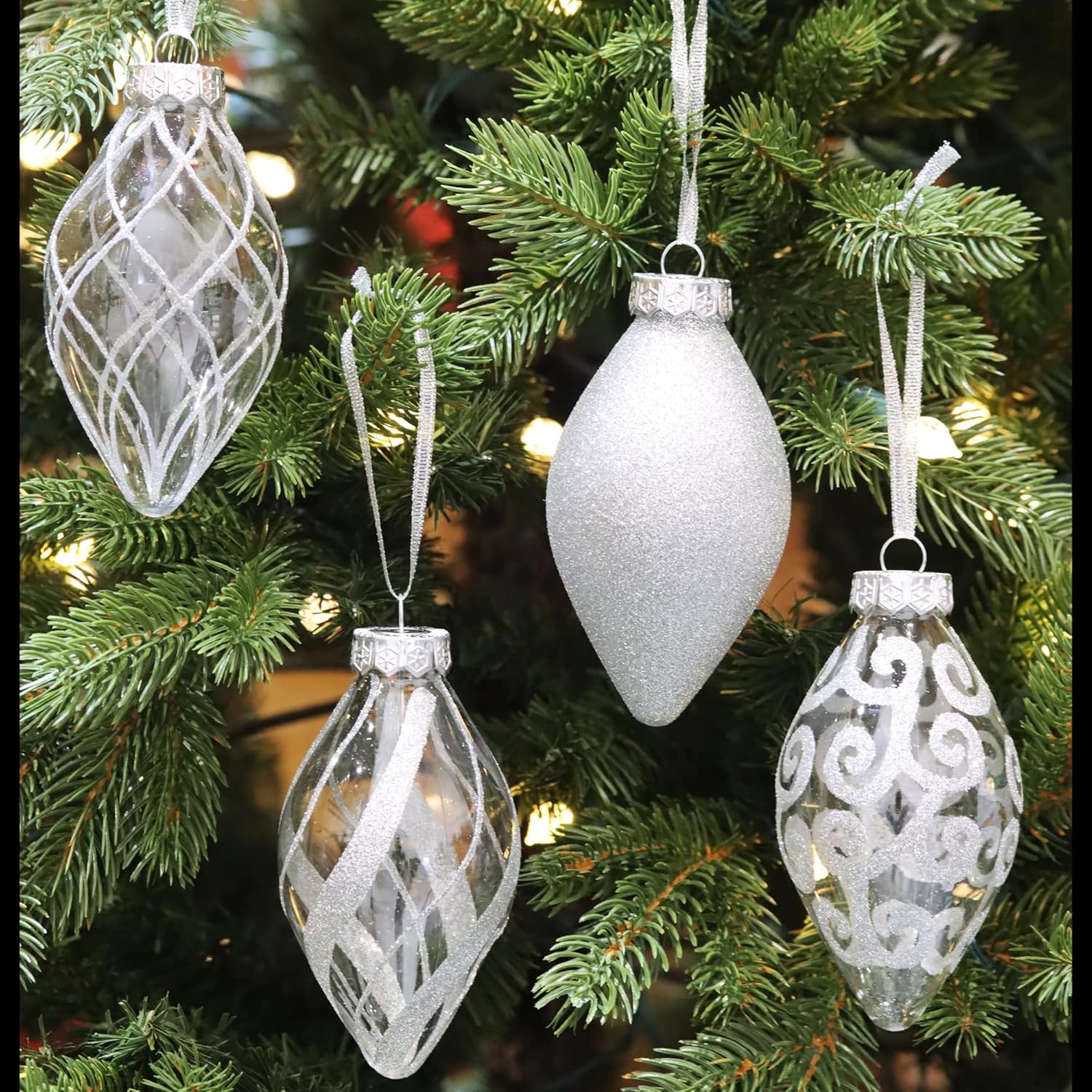 Ornaments - Sleetly Christmas Ball Tear Drop Finial Pendant Holiday Christmas Ornaments 2023 for Rustic Vintage Farmhouse Christmas Tree Decorations, 4 inch Big Large Shatterproof, Silver