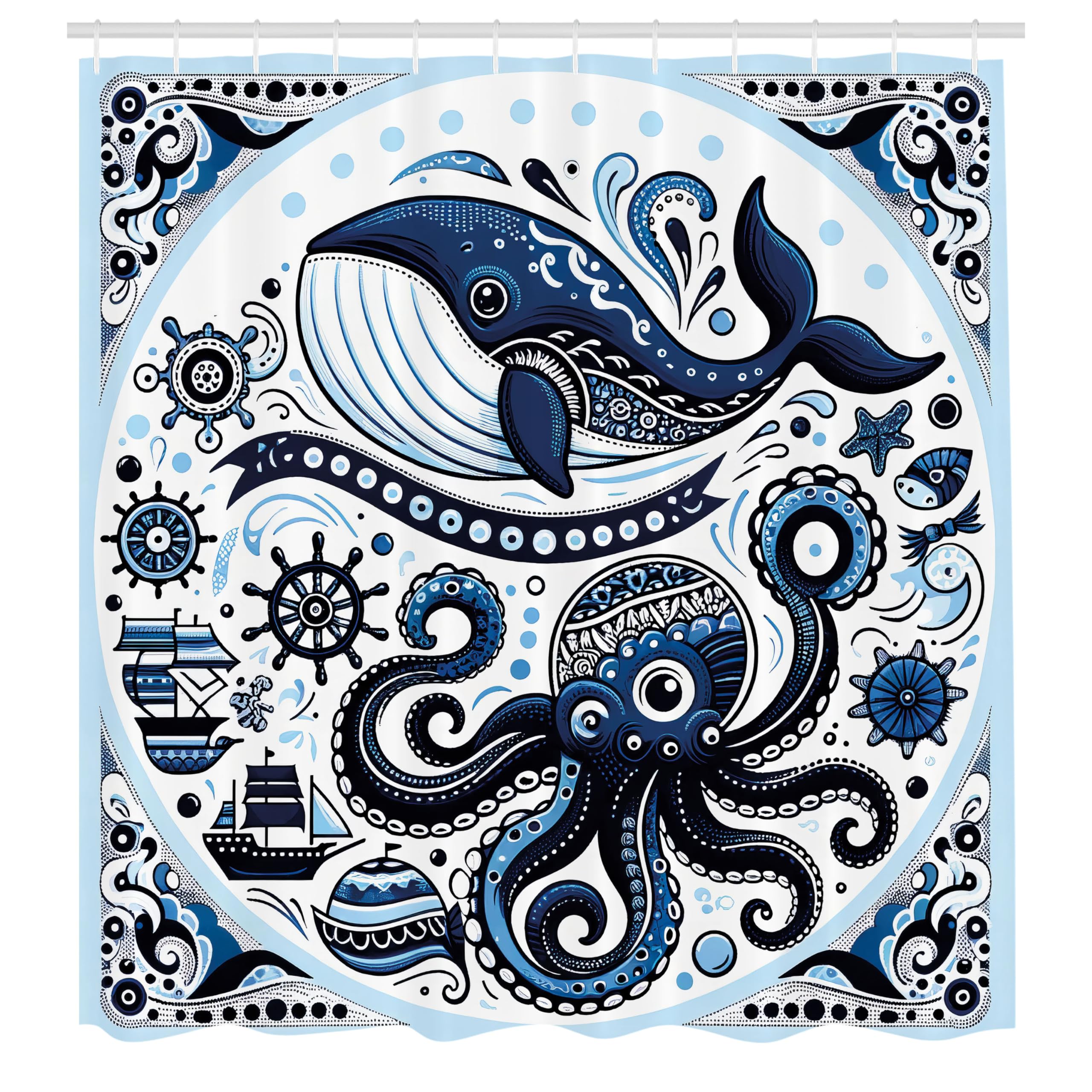 ABAKUHAUS Marine Shower Curtain, Whale and Octopus Nautical, Cloth Fabric Bathroom Decor Set with Hooks, 175 x 200 cm, Navy Blue White
