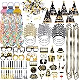 CIEOVO New Years Eve Party Supplies Set Happy New Year Decor Kit Include Hand Throw Streamers Hairband Eyeglass Cone Hats Necklace Noise Makers Confetti for Adults 2026 New Year Party Favors