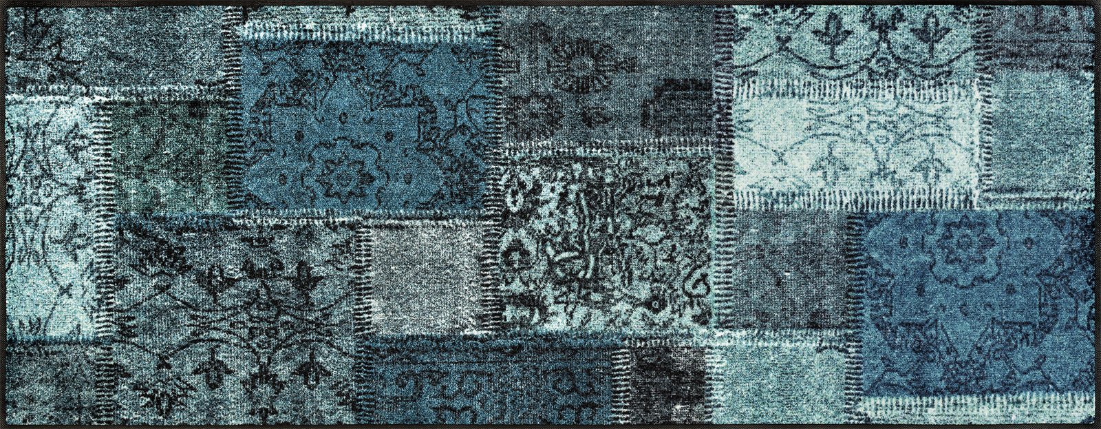 Wash + Dry Vintage Patches Turquoise Doormat, Acrylic, Green, 75 x 190 x 0.7 cm