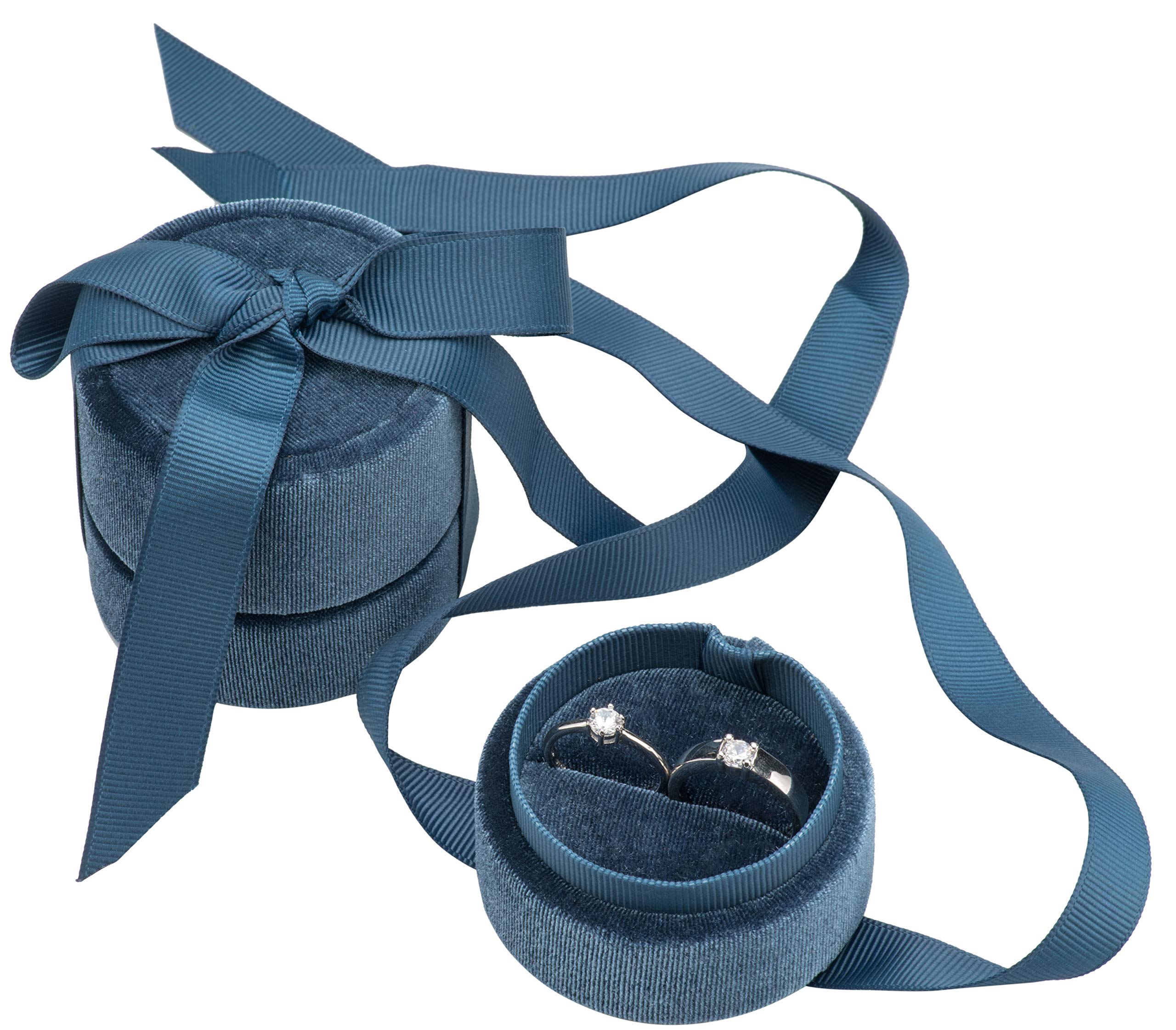POKOFO Velvet Double Premium Round Ring Bearer Box Elegant Silk Bow Jewelry Storage Organizer Gift (Dark Blue)