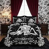 Nesker Comforter Set Full Size, Gothic Kissing Skeleton Lover 7 Pcs Bedding for Kids and Adults, Rose Black Lovers Black Bed Sheet Sets with Fitted Sheet 2 Pillowcases & 2 Shams