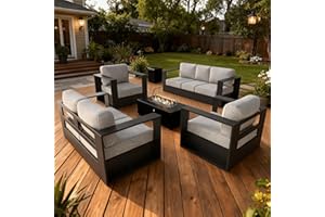 LayinSun Oversized Aluminum Outdoor Furniture Set, 5 Piece Patio Sofa Sets with Fire Pit Table, Deep Seating and Upgraded 6-inch Cushions for Porch, Balcony, Deck