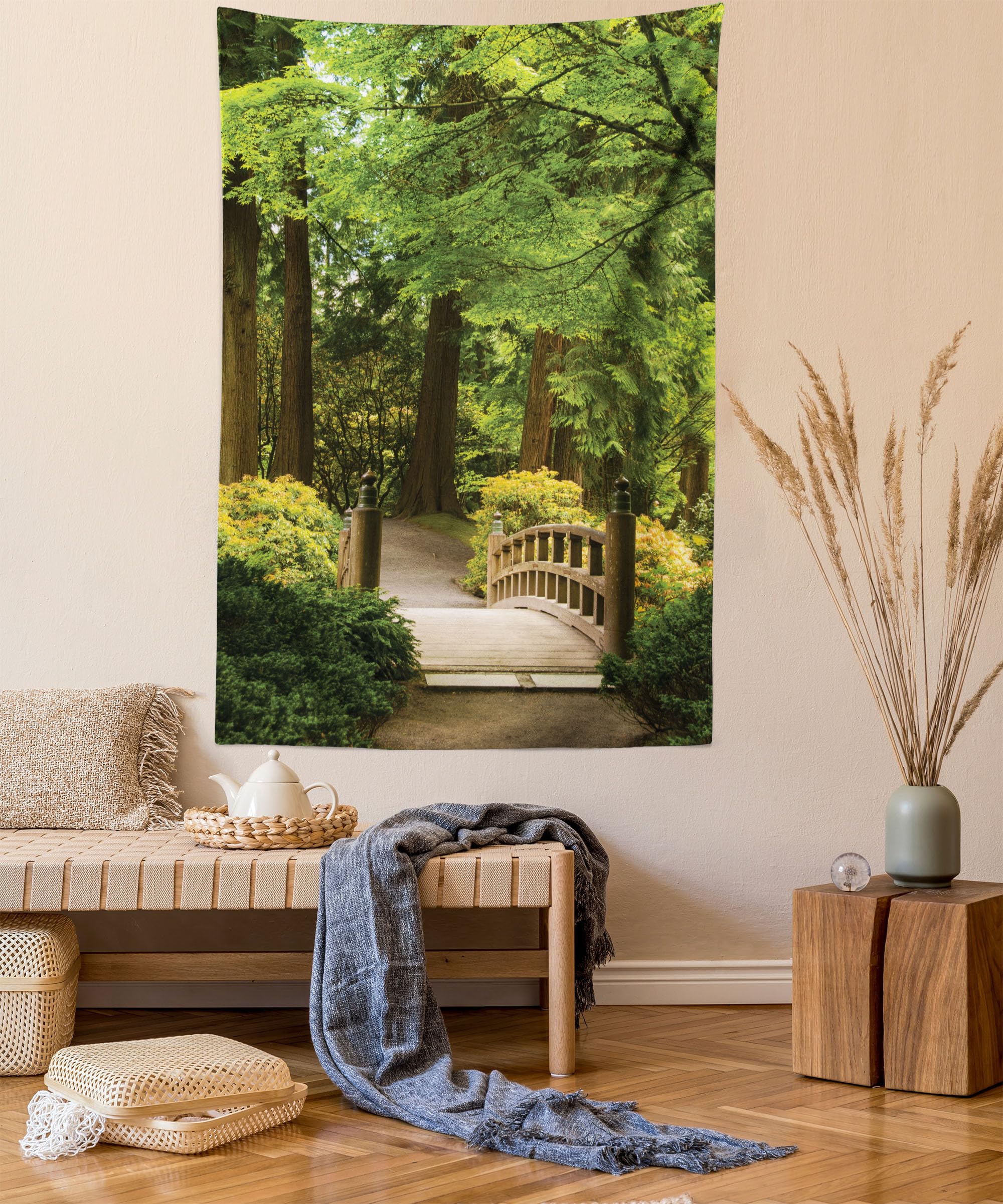 ABAKUHAUS Japanese Tapestry, Wooden Bridge over Pond in Garden Calmness in Shadow of Trees Serenity in Nature, Fabric Wall Hanging Decor for Bedroom Living Room Dorm, 43 W X 58 L, Green Brown