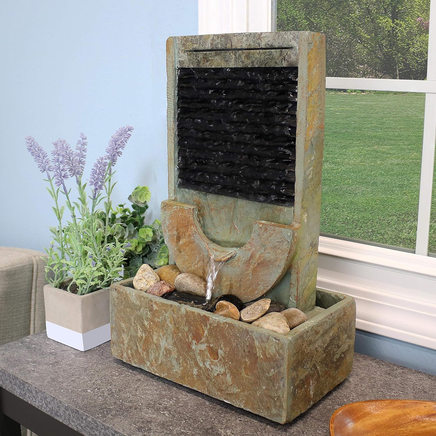 Indoor Fountains & Accessories - Sunnydaze 16-Inch Half Moon Slate Indoor Tabletop Cascading Water Fountain - Soothing and Tranquil Water Sound
