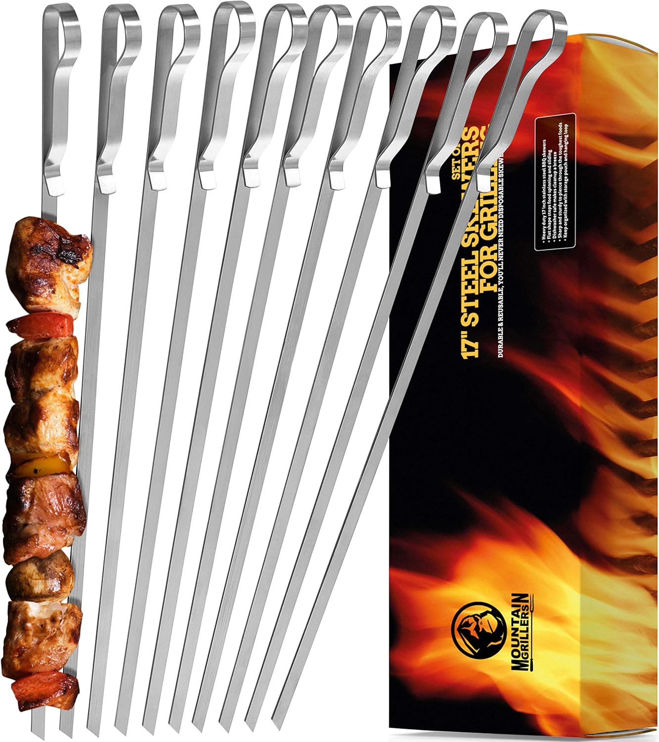 Mountain Grillers - Grillspieße, Schaschlikspieße aus Edelstahl (x 10 Stück) - Lange Spieße für Fleisch, Gemüse, Stockbrot zum Grillen - Grillzubehör