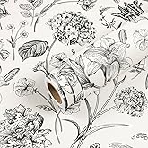 Livelynine Chic Farmhouse Floral Peel and Stick Wallpaper Botanical Vintage Earthy Beige Black White Flowers Country Cottage 