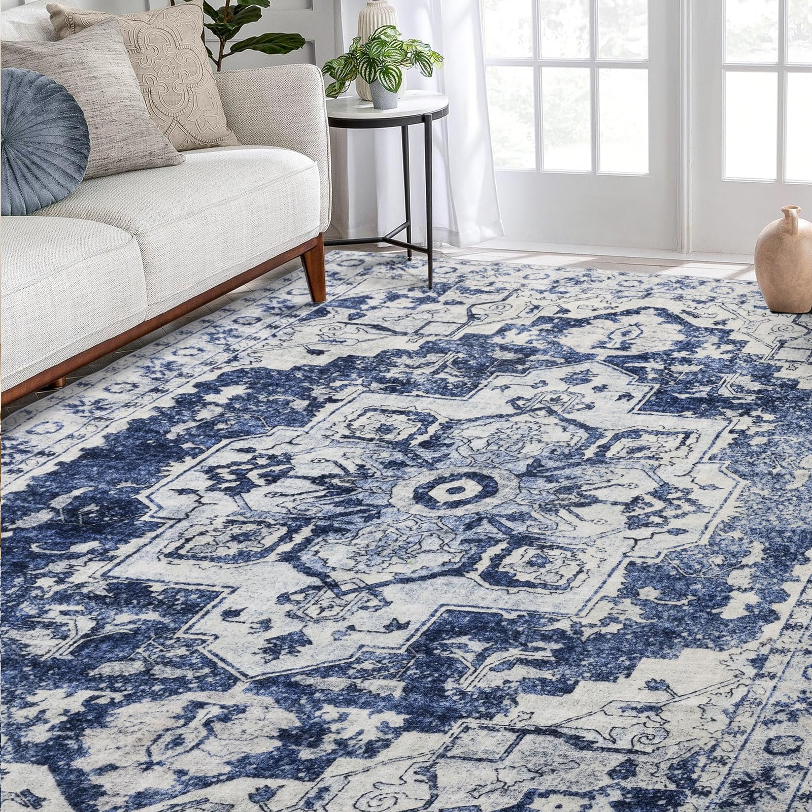LIANLAM Washable Rug Area Rugs for Living Room - Stain Resistant Non-Slip Backing Boho Rug for Bedroom,Durable & Ultra-Thin Vintage Large Area Rug(5'x7',Boho-Blue)