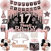 17th Birthday Decorations for Girls,32PCS 17th Birthday Party Decorations,Including Backdrop, Crown, Sash, banner, Hanging Swirl,balloons,Cake Topper,Paper Fans and Anniversary Card