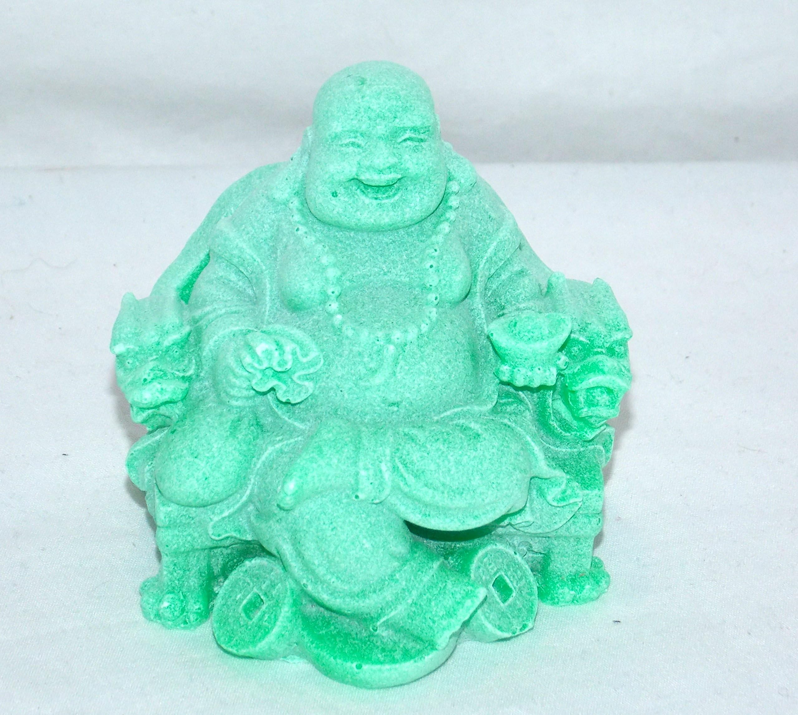 LAUGHING BUDDAH New Collectible Green Buddha in Dragon Chair Holding Coins & Ingot Figure Statue