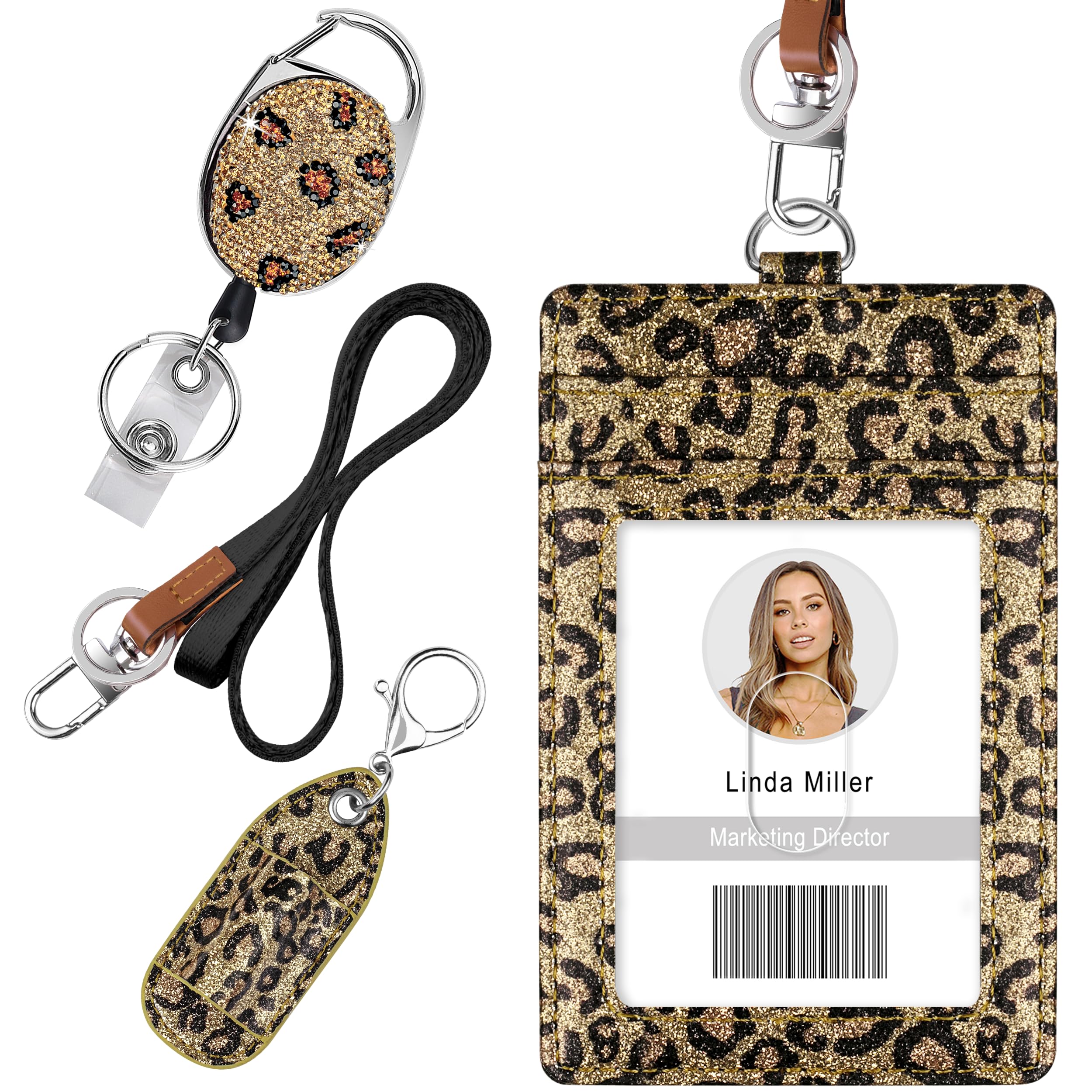 Retractable ID Badge Holder, Multipurpose Bling Rhinestone Badge Reel with Belt Clip Key Ring, Shiny PU Leather Badge Holder with Lanyard and Pen Holder for Nurse, Teacher,Office Worker (Leopard)