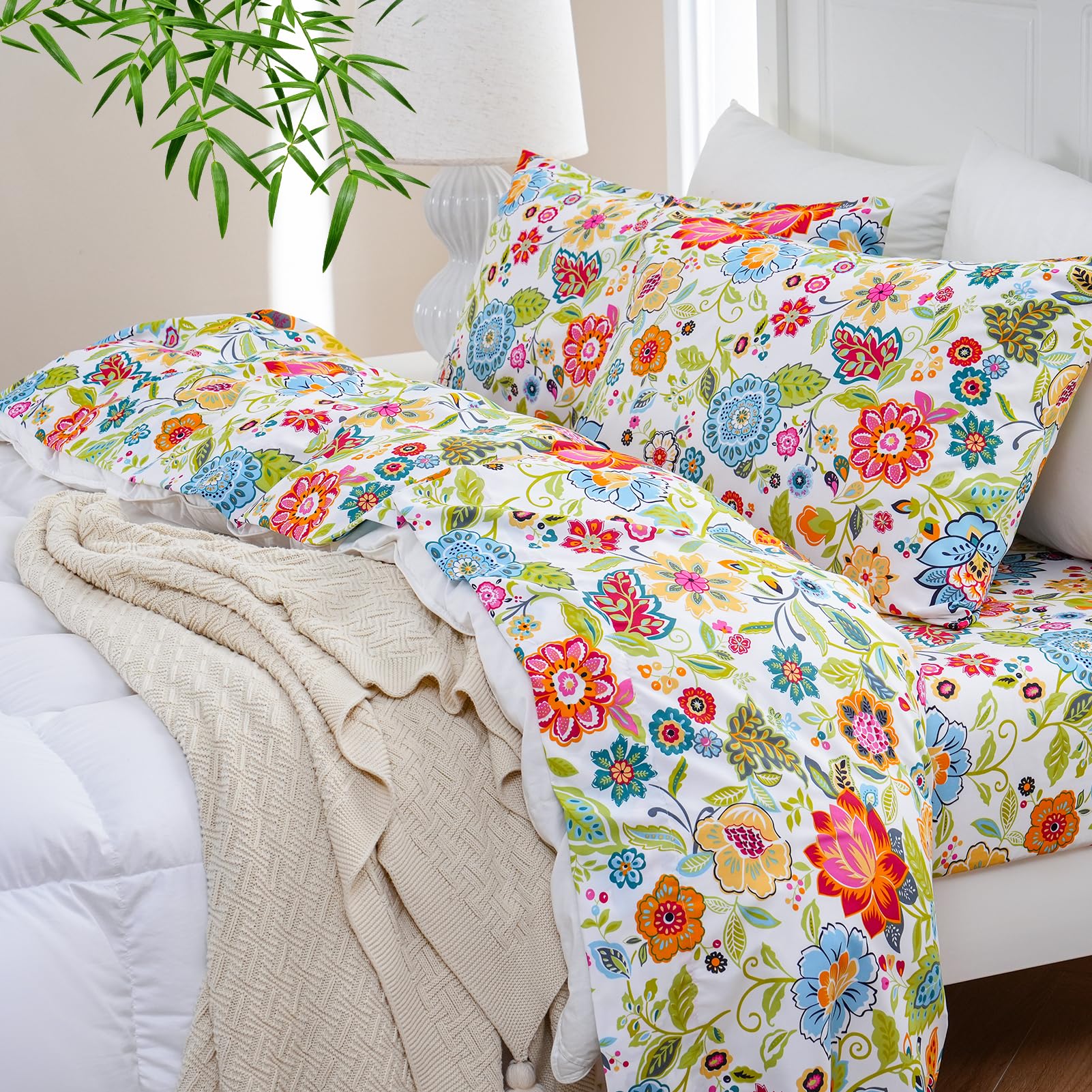 MEISHANG Soft Cooling King Sheet Set - Blend Rayon Derived from Bamboo,1800 Thread Count Floral Bed Sheets Oeko-Tex Certificated 4 Piece - Spring Flower Image