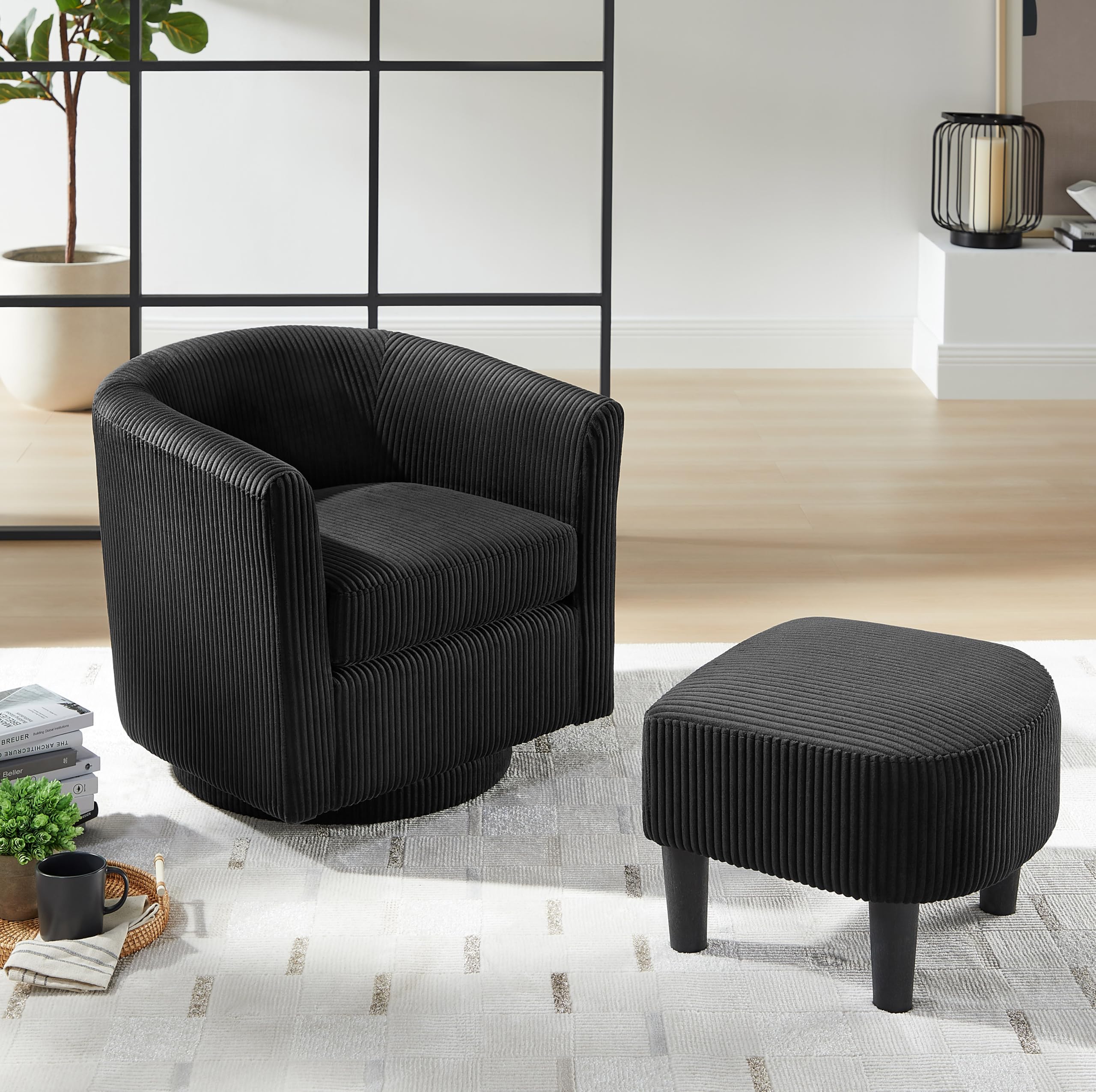Photo 1 of Ball & Cast Swivel Accent Chair Ottoman Set 360°Swival Comfy Recliner and Footstool, Padded Sofa Armchair with Wrap Around Backrest, Corduroy Single Sofa Side-Chair w/Stool, Black
