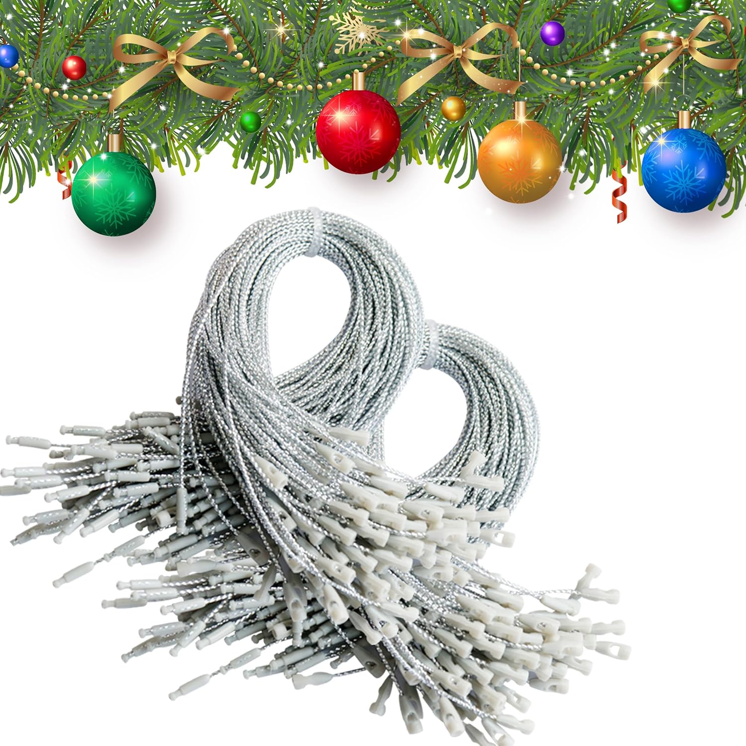 Ornament Hooks - 200Pcs Ornament Hook Hangers Precut Silver Metallic Ornament String with Snap Fasteners Polyester Ropes for Christmas Ornament Festive Holiday Day Hanging Decorations- Easy and Fast Locking