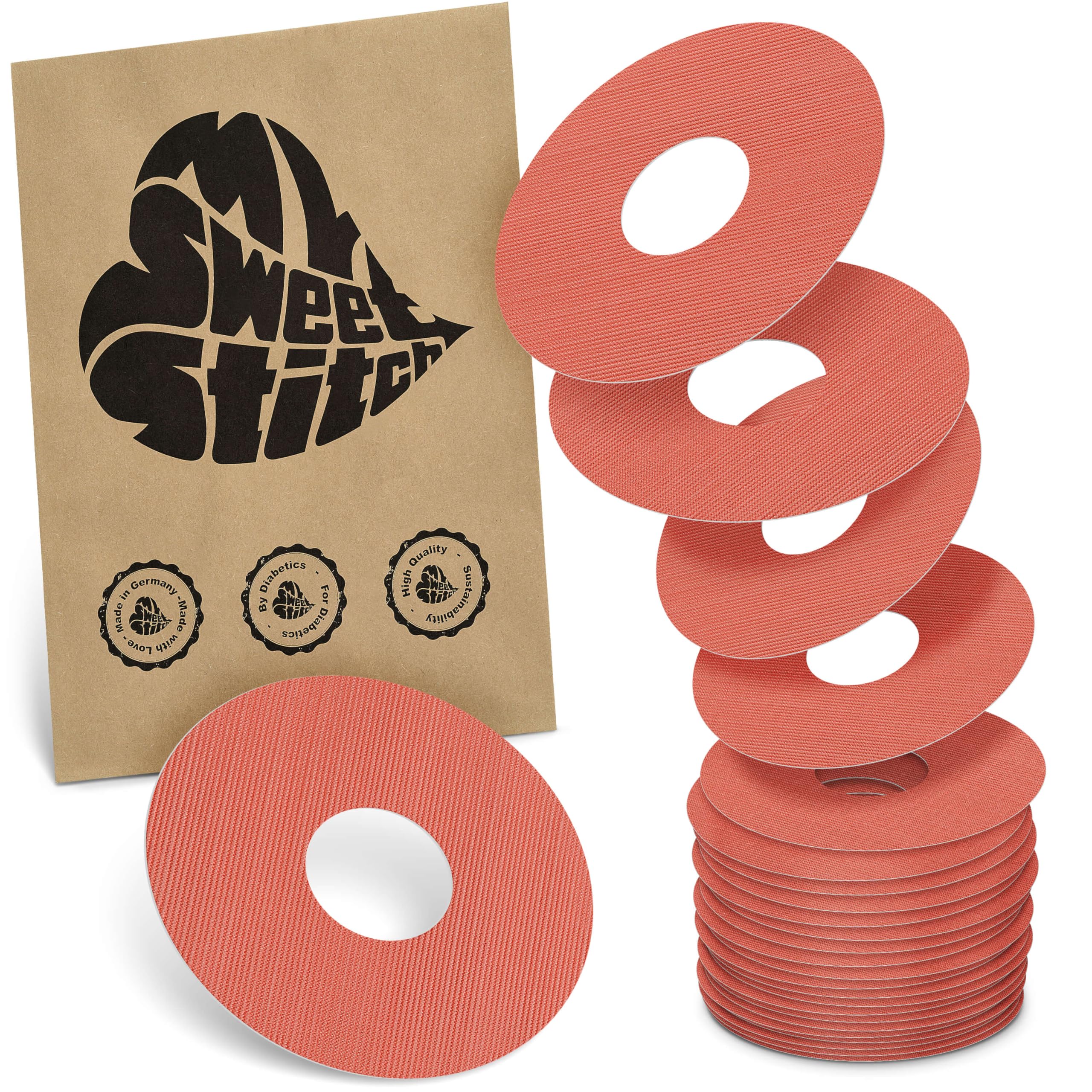 MySweetStitch - 25 x Freestyle Libre 3 Round Patches, Ring Patch Ø 60mm, Inner Ø 20mm, Waterproof, Breathable, Skin-Friendly, Made in Germany, Coral