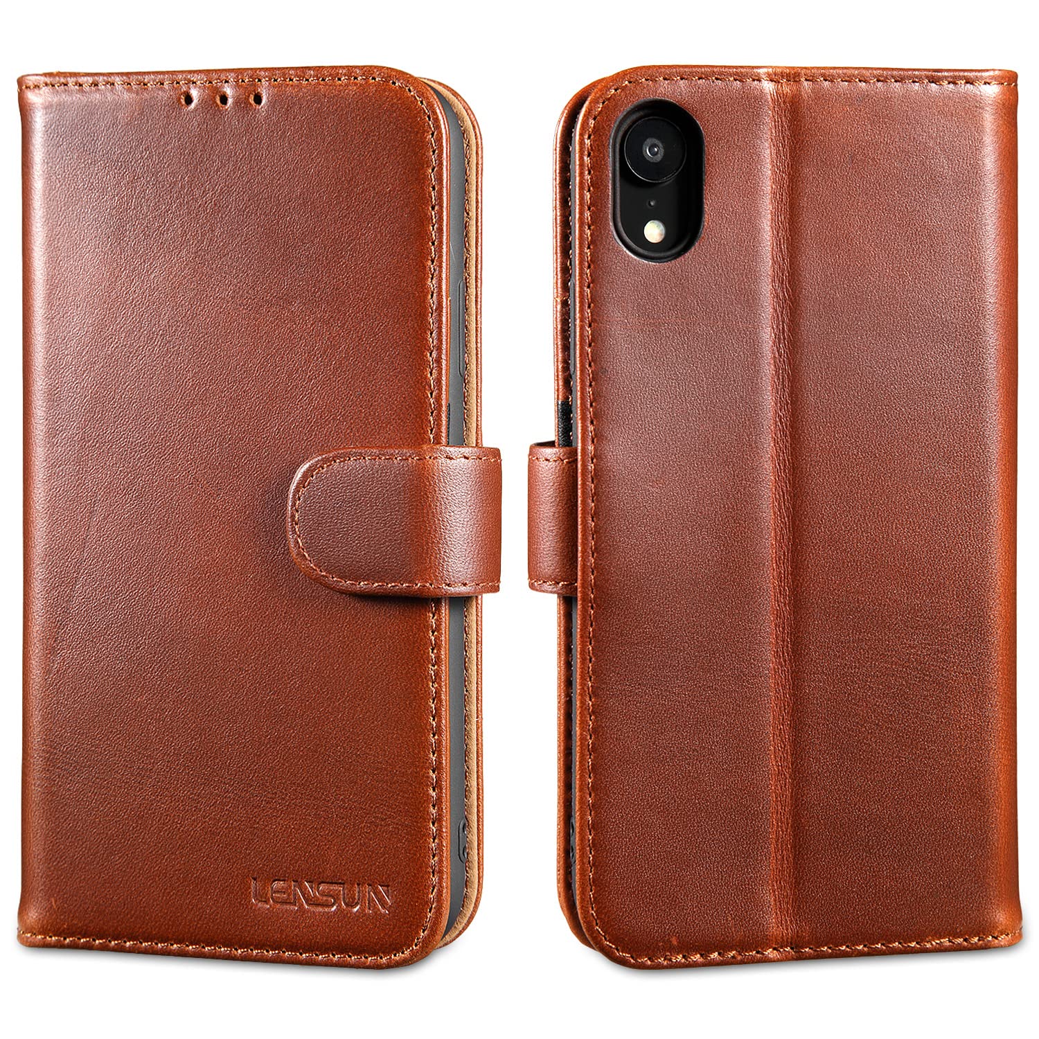 LENSUN Case for iPhone XR, Genuine Leather Wallet Flip Phone Cover [RFID Blocking] with Card Holder and Magnetic Closure Compatible with Apple iPhone XR - Dark Brown